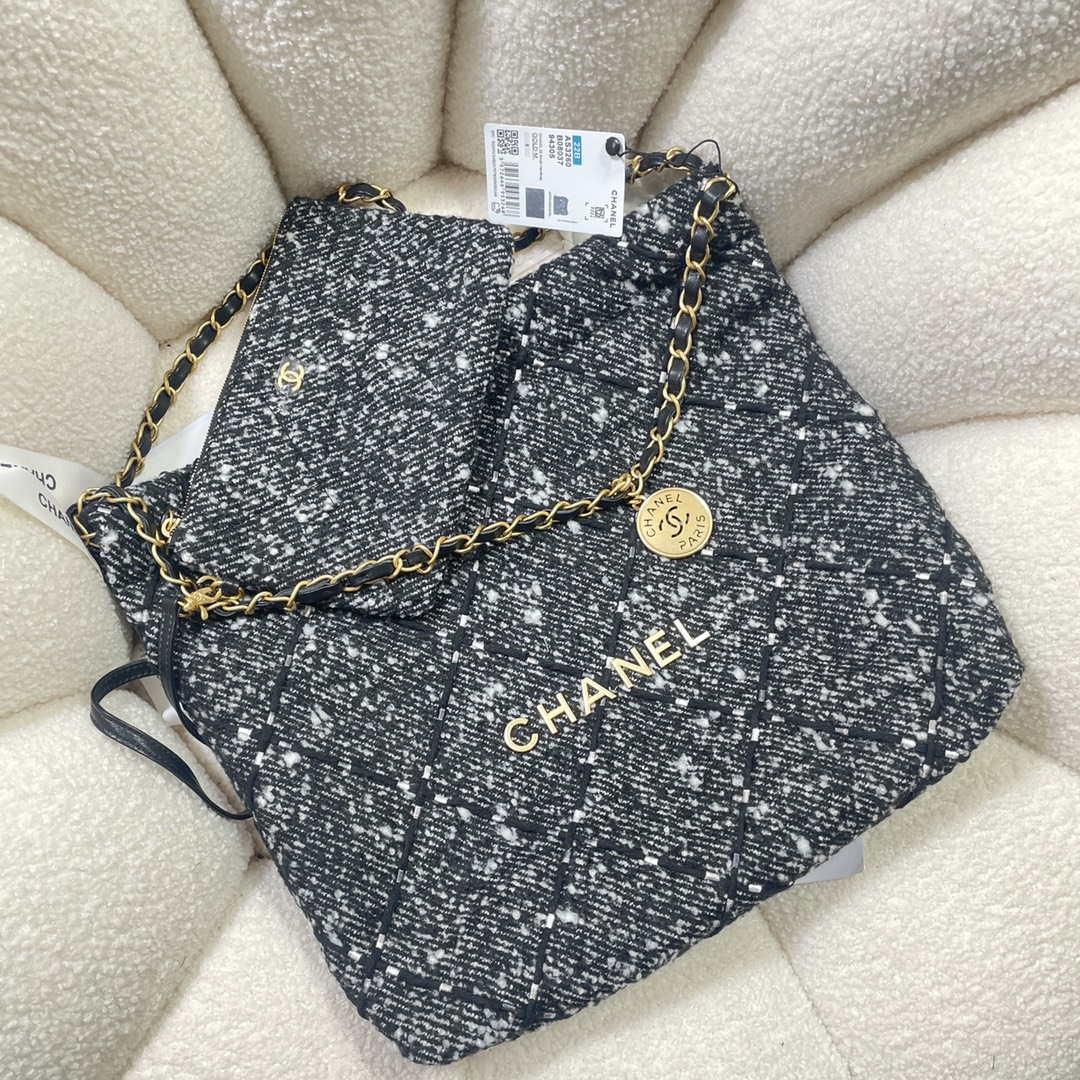 Chanel 22 Handbag Gold-Tone Metal Canvas AS3260 Gray and White