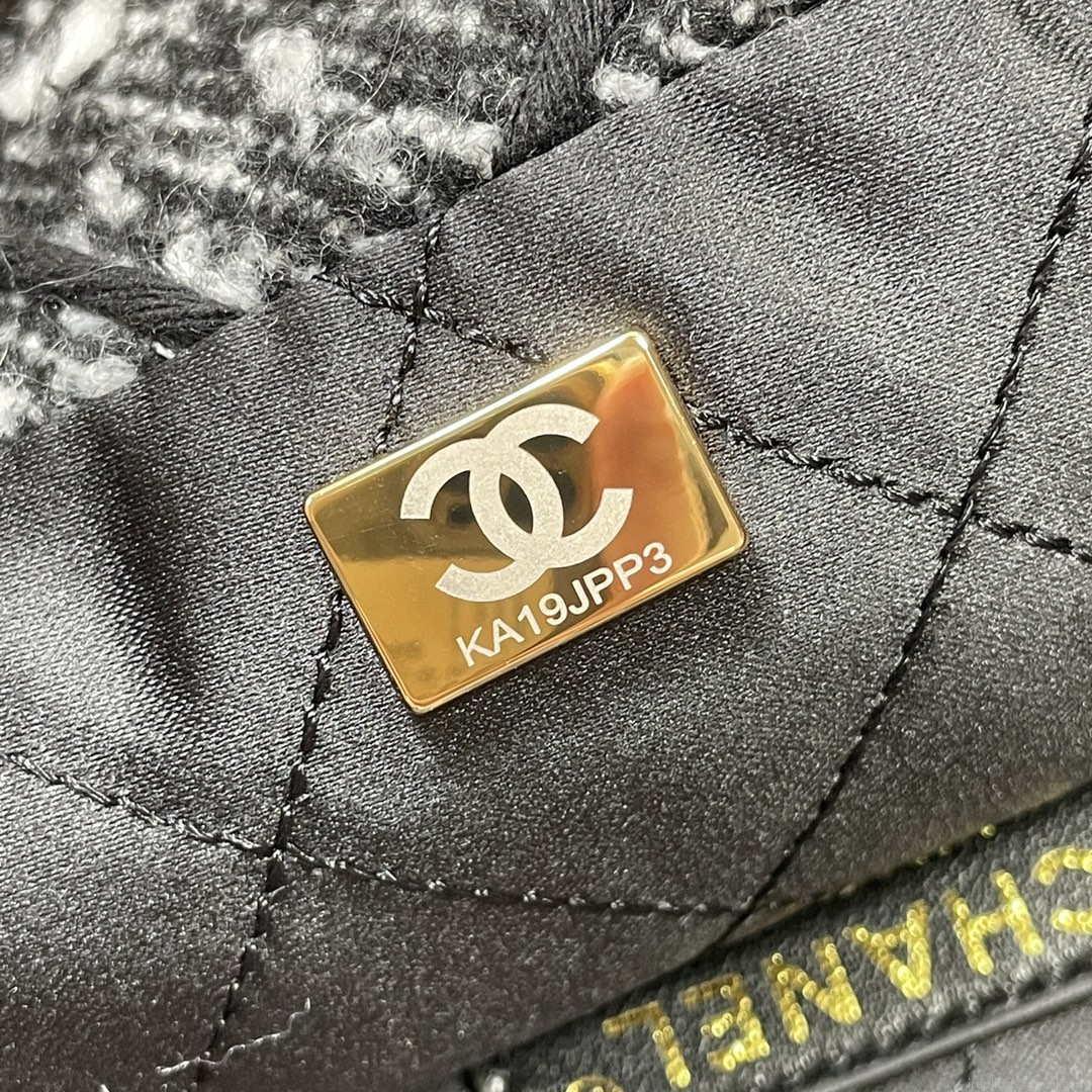 Chanel 22 Handbag Gold-Tone Metal Canvas AS3260 Gray and White