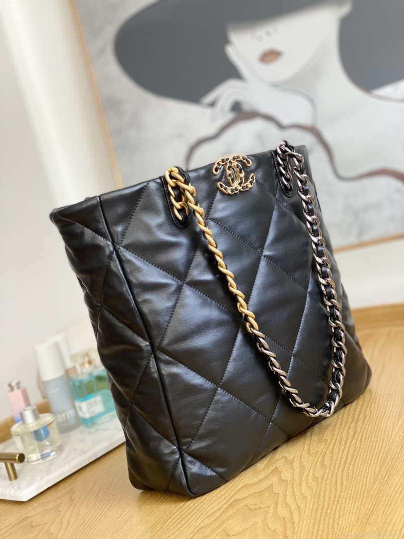 Chanel AS3519 CHANEL19 Shopping Bag Shiny Lambskin Black