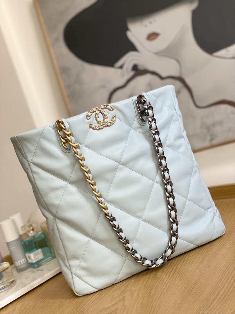 Chanel AS3519 CHANEL19 Shopping Bag Shiny Lambskin Light Blue