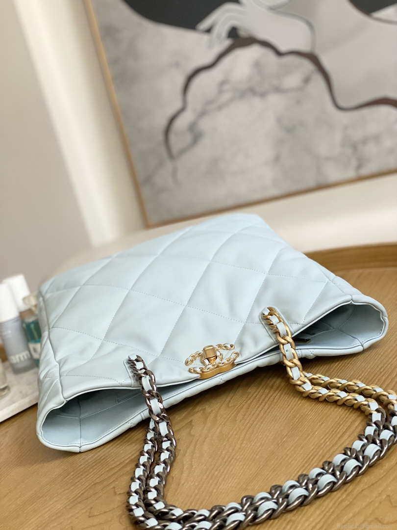 Chanel AS3519 CHANEL19 Shopping Bag Shiny Lambskin Light Blue