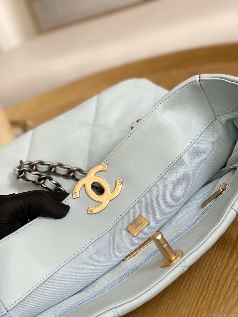 Chanel AS3519 CHANEL19 Shopping Bag Shiny Lambskin Light Blue