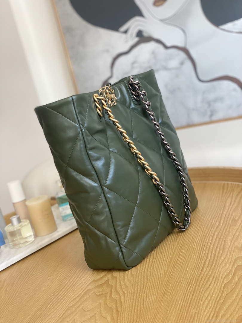 Chanel AS3519 CHANEL19 Shopping Bag Shiny Lambskin Dark Green