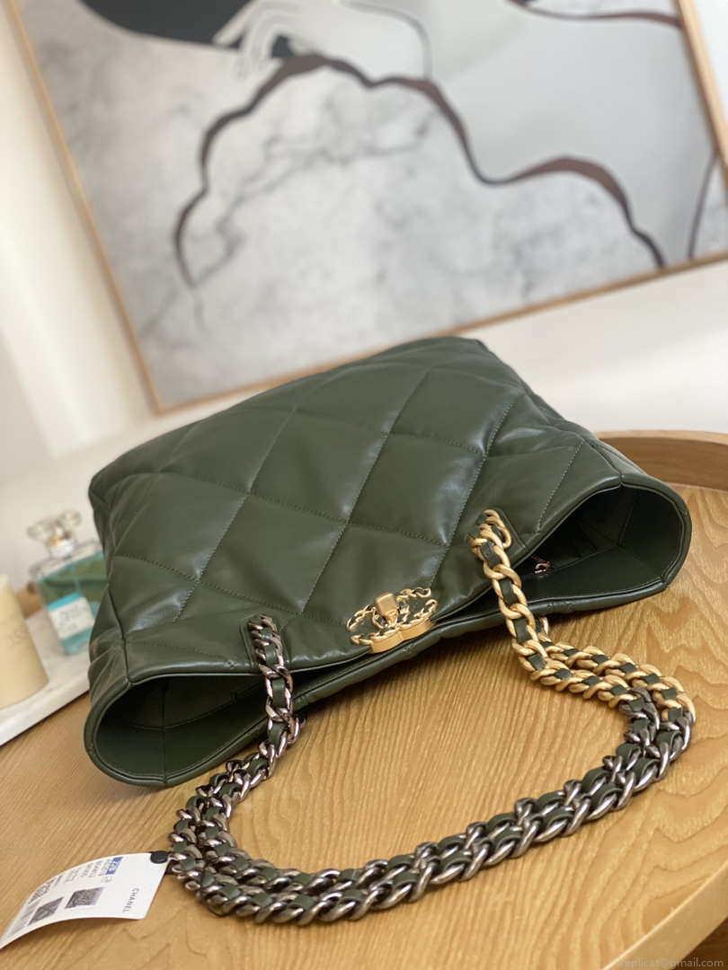 Chanel AS3519 CHANEL19 Shopping Bag Shiny Lambskin Dark Green