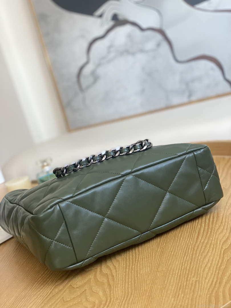 Chanel AS3519 CHANEL19 Shopping Bag Shiny Lambskin Dark Green