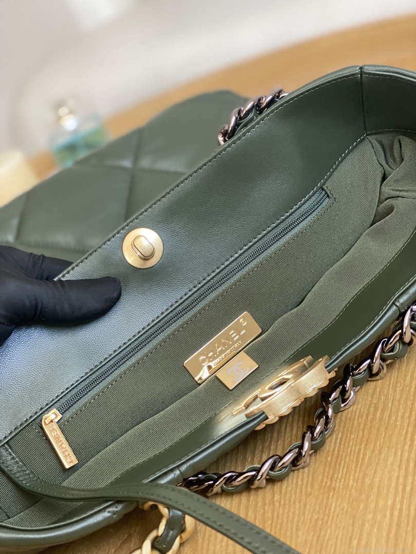 Chanel AS3519 CHANEL19 Shopping Bag Shiny Lambskin Dark Green