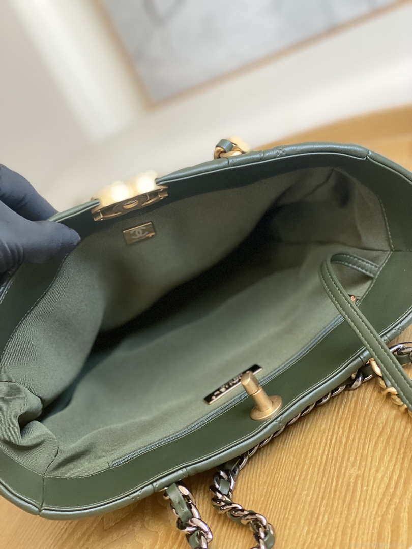 Chanel AS3519 CHANEL19 Shopping Bag Shiny Lambskin Dark Green