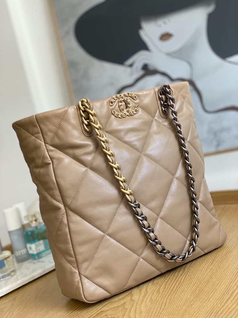 Chanel AS3519 CHANEL19 Shopping Bag Shiny Lambskin Light Brown