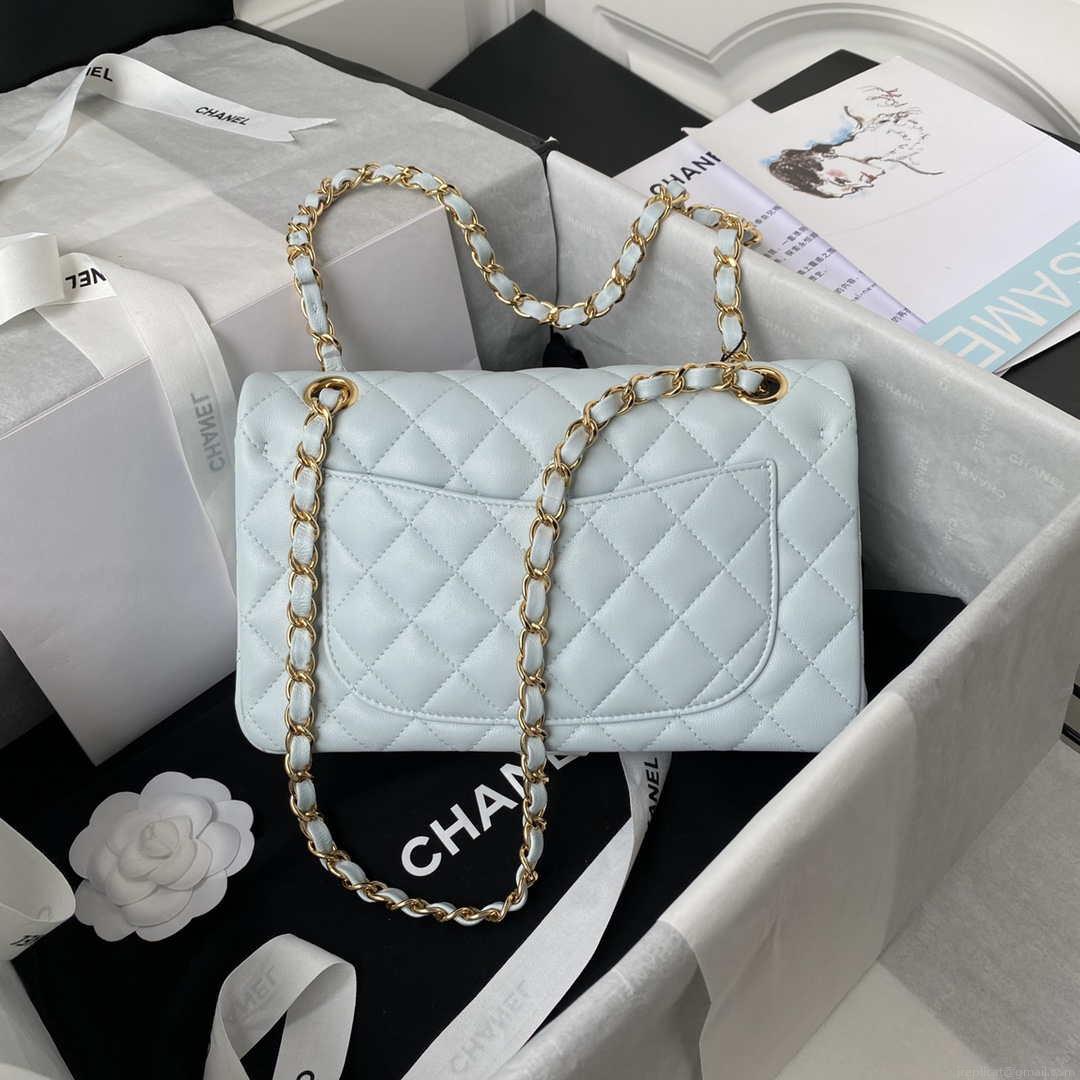 Chanel A01113 Flap Handbag Classic Bag Lambskin Light Blue Gold