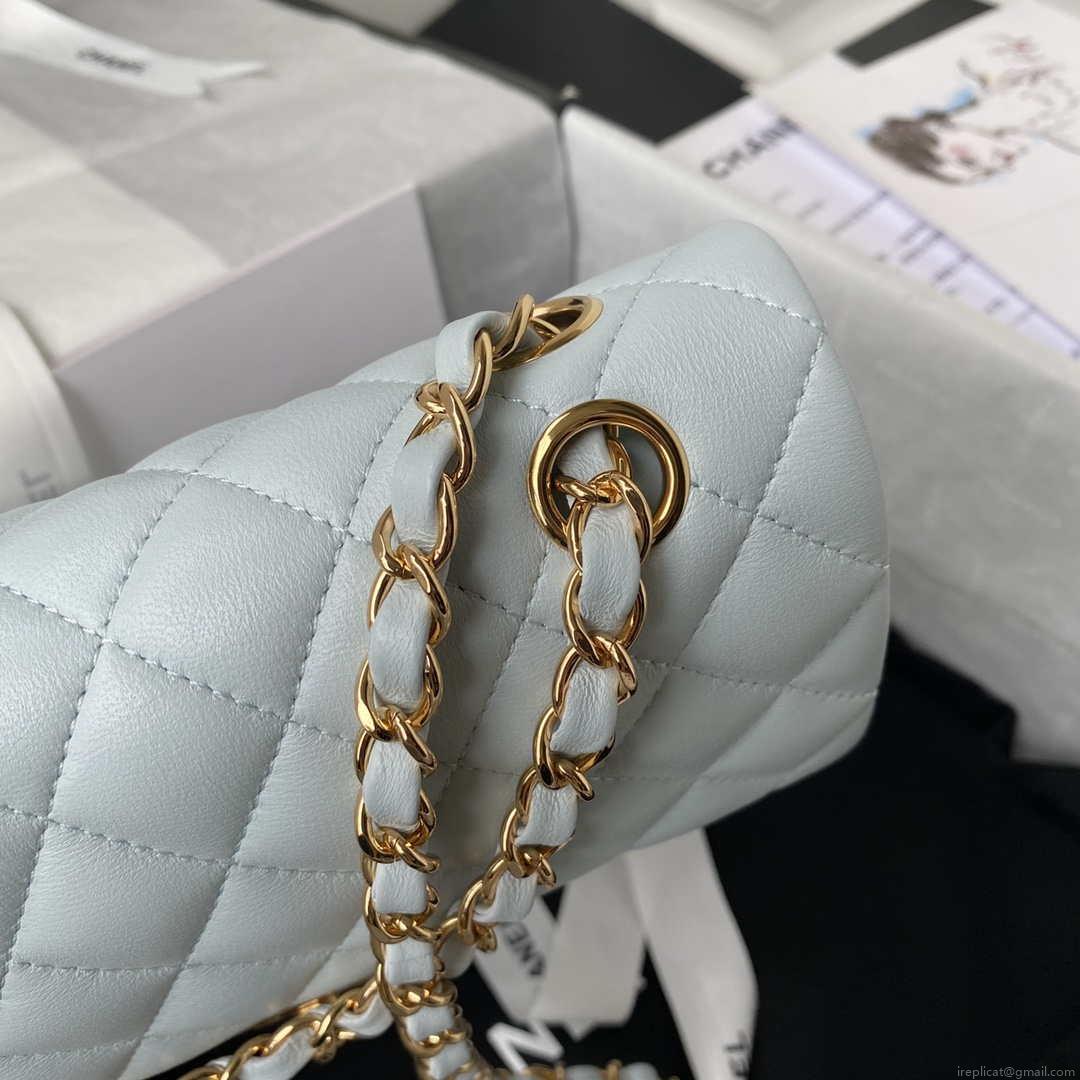 Chanel A01113 Flap Handbag Classic Bag Lambskin Light Blue Gold