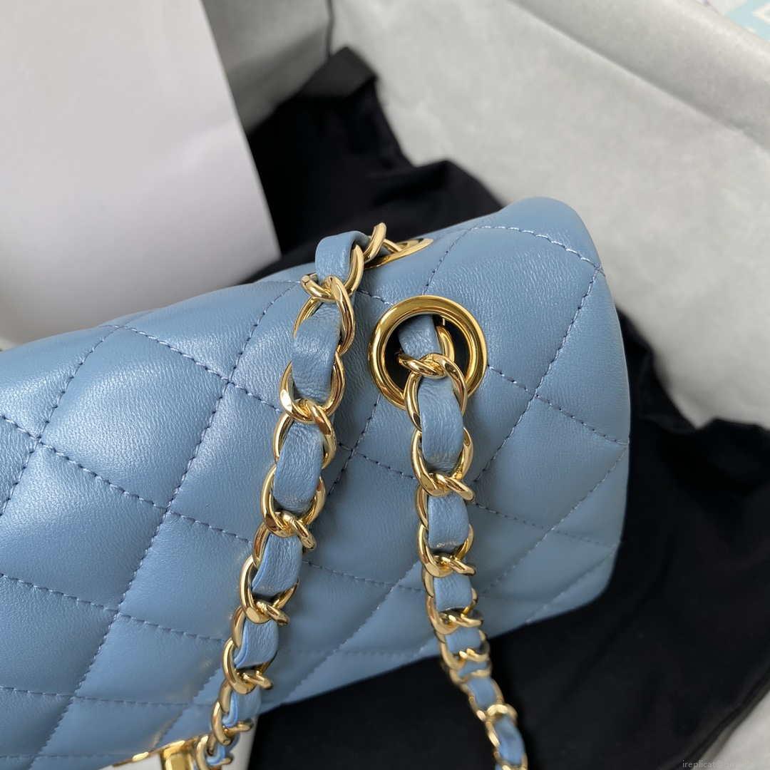Chanel A01113 Flap Handbag Classic Bag Lambskin Sky Blue Gold