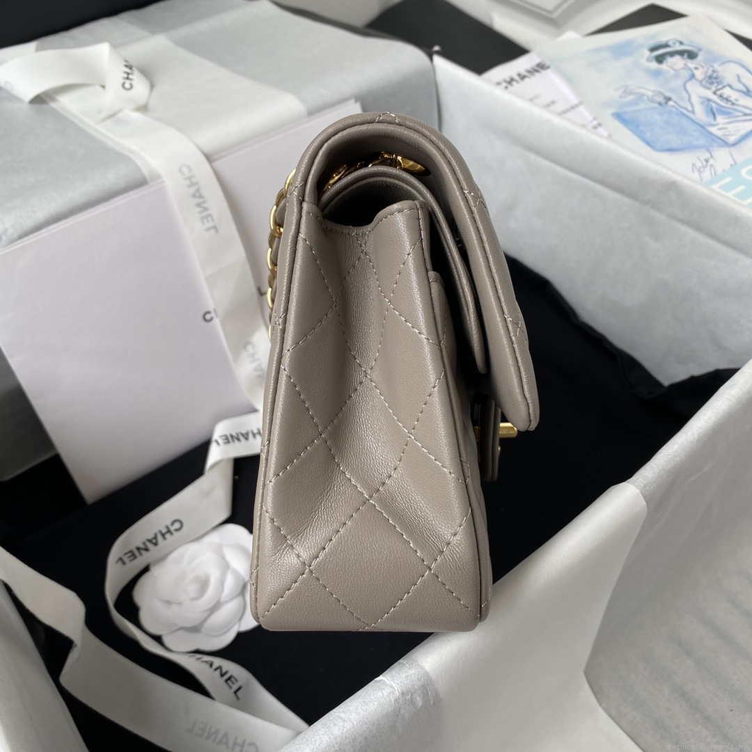 Chanel A01113 Flap Handbag Classic Bag Lambskin Light Gray Gold