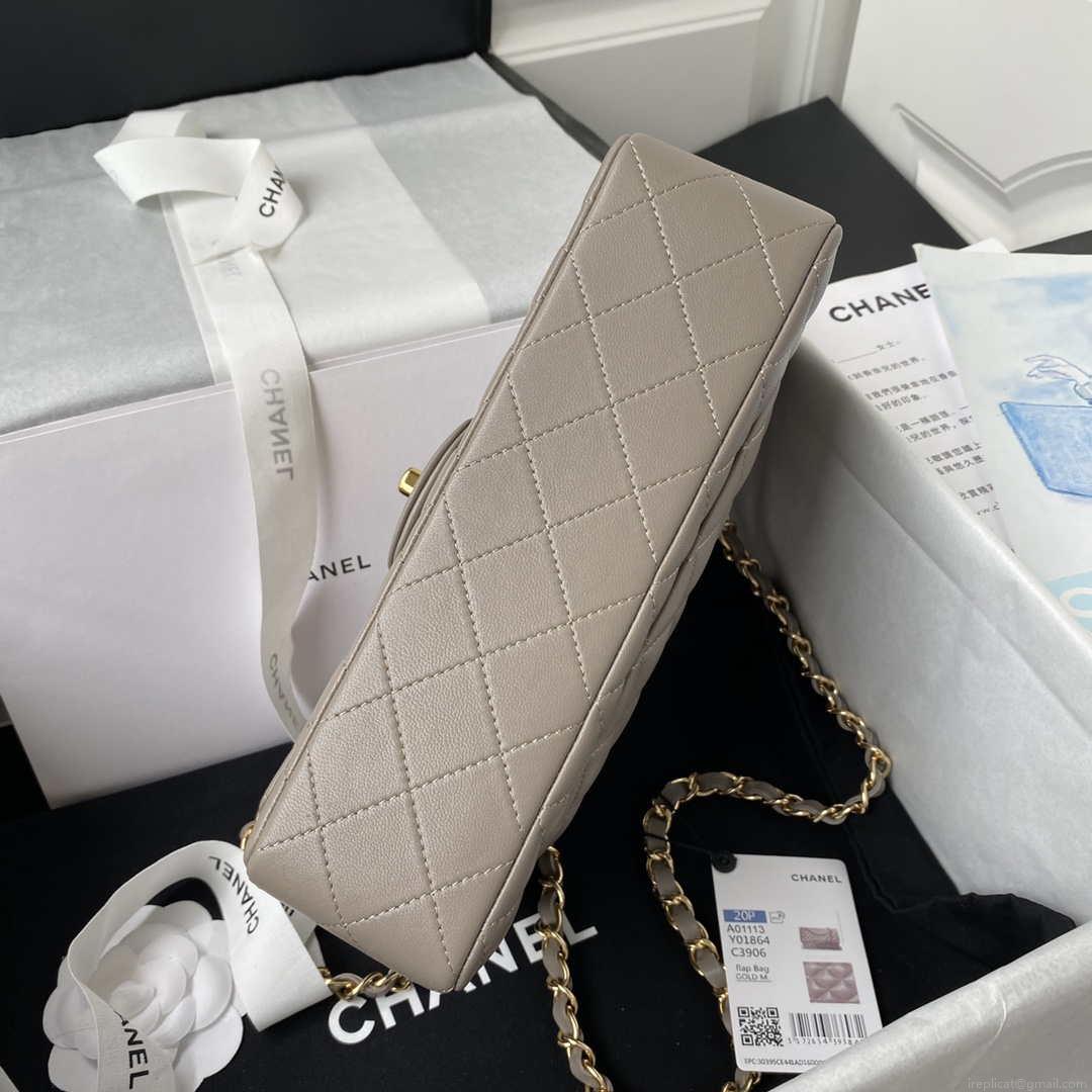 Chanel A01113 Flap Handbag Classic Bag Lambskin Light Gray Gold
