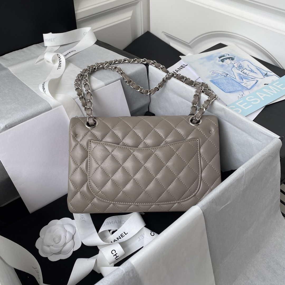 Chanel A01113 Flap Handbag Classic Bag Lambskin Light Gray Silver