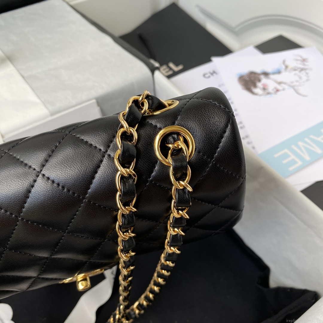Chanel A01113 Flap Handbag Classic Bag Black Lambskin Gold