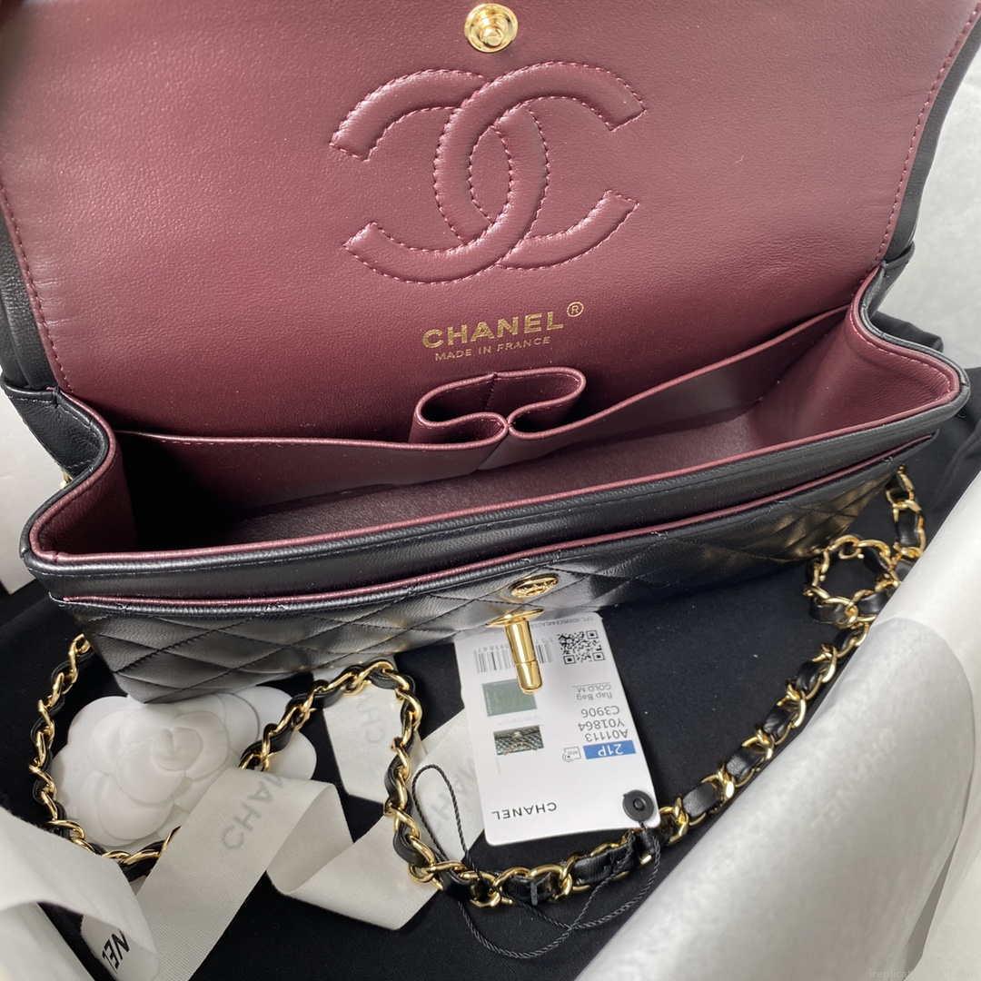 Chanel A01113 Flap Handbag Classic Bag Black Lambskin Gold