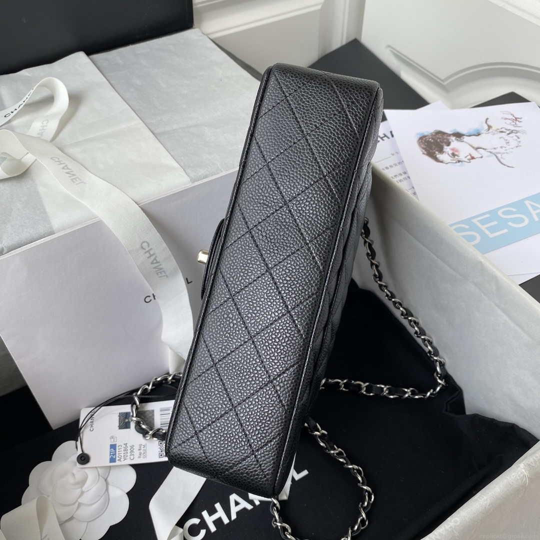Chanel A01113 Flap Handbag Classic Bag Grained shiny Calfskin Black Silver