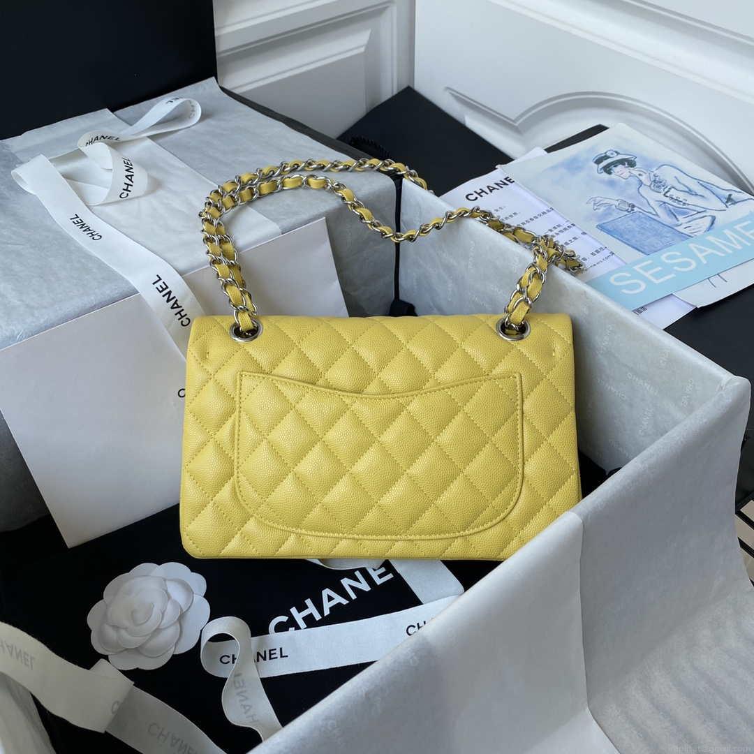 Chanel A01113 Flap Handbag Classic Bag Grained shiny Calfskin Yellow Silver