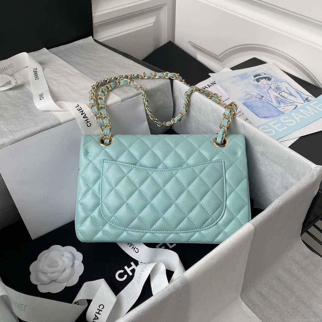 Chanel A01113 Flap Handbag Classic Bag Grained shiny Calfskin Lake Blue Gold