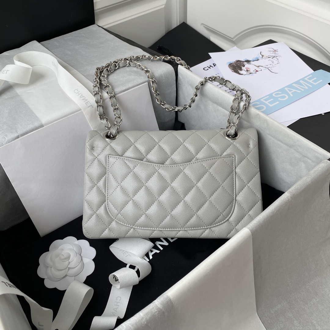 Chanel A01113 Flap Handbag Classic Bag Grained shiny Calfskin Ligth Gray Silver