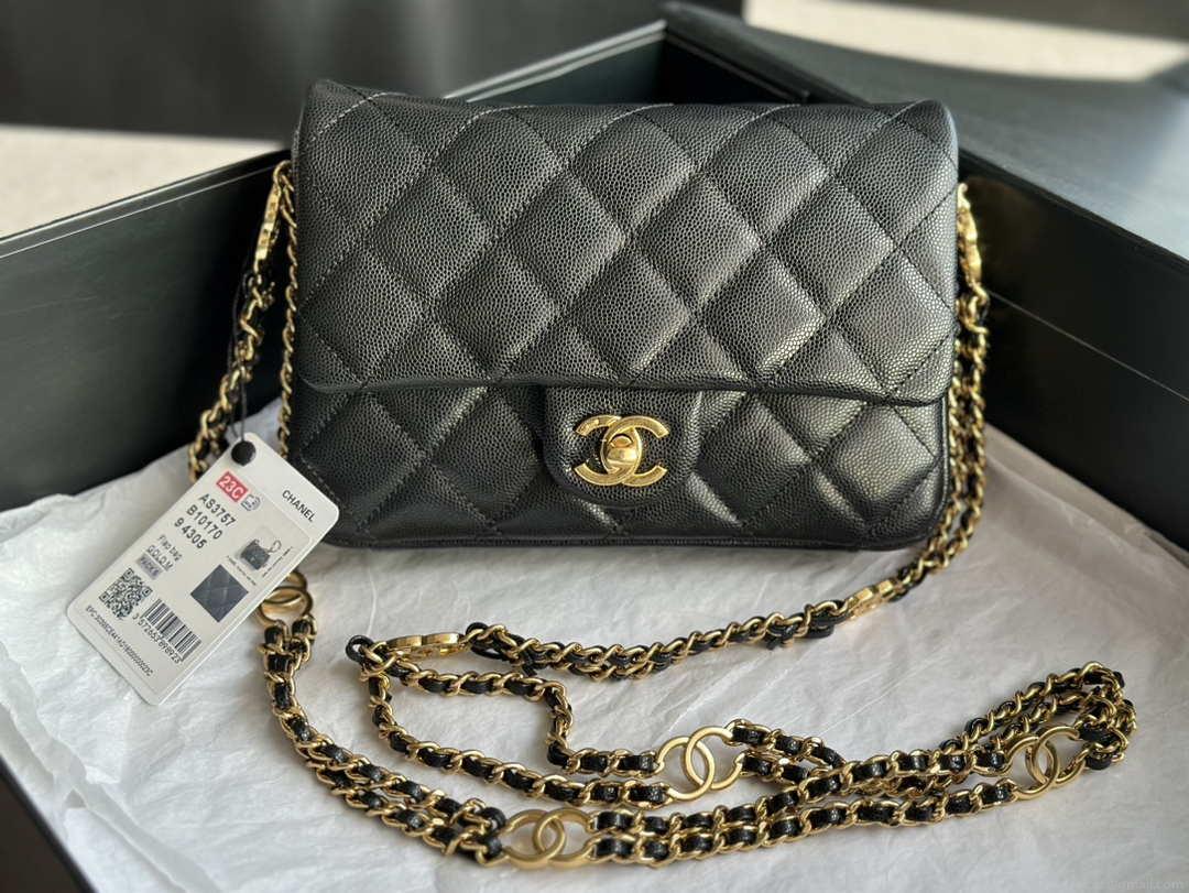 Chanel AS3757 Mini Flap Bag Grained Calfskin & Gold-Tone Metal Black