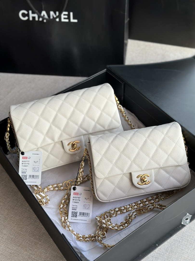 Chanel AS3757 Mini Flap Bag Grained Calfskin & Gold-Tone Metal White