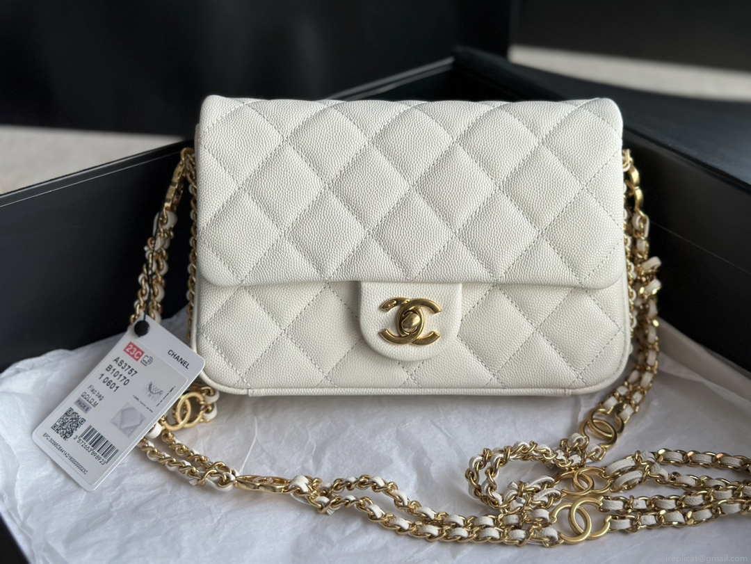 Chanel AS3757 Mini Flap Bag Grained Calfskin & Gold-Tone Metal White