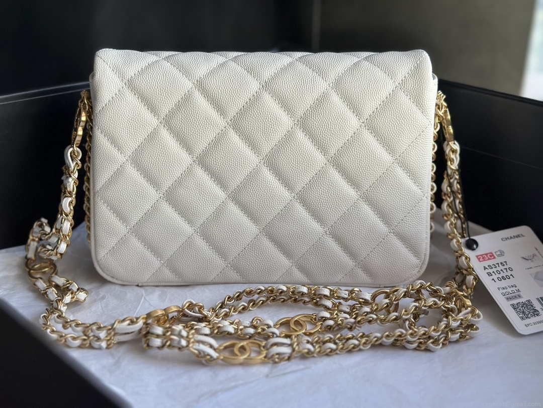 Chanel AS3757 Mini Flap Bag Grained Calfskin & Gold-Tone Metal White