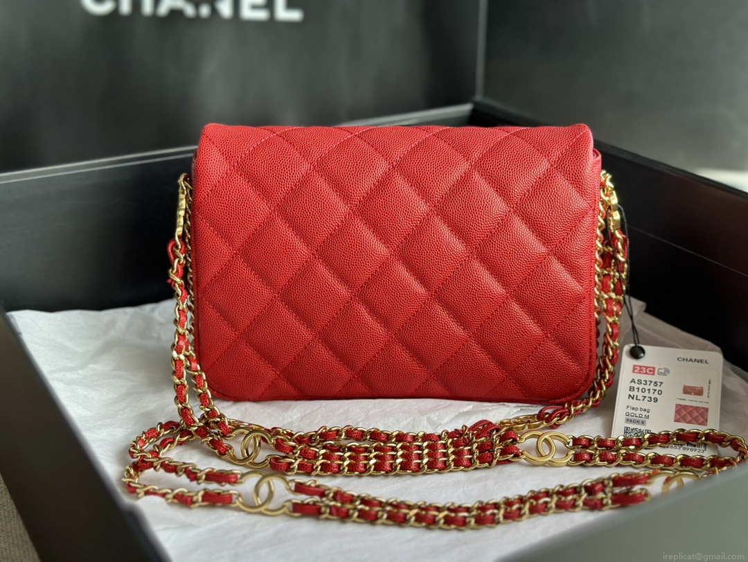 Chanel AS3757 Mini Flap Bag Grained Calfskin & Gold-Tone Metal Red