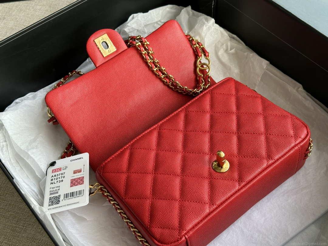 Chanel AS3757 Mini Flap Bag Grained Calfskin & Gold-Tone Metal Red