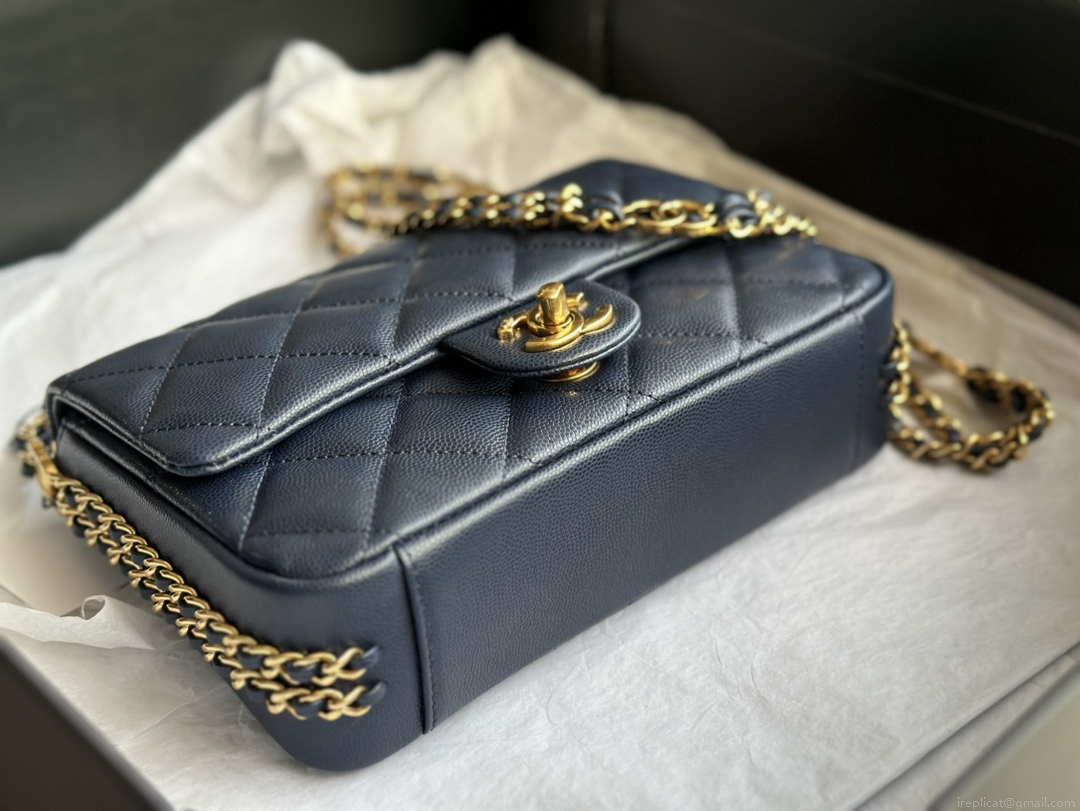 Chanel AS3757 Mini Flap Bag Grained Calfskin & Gold-Tone Metal Navy Blue