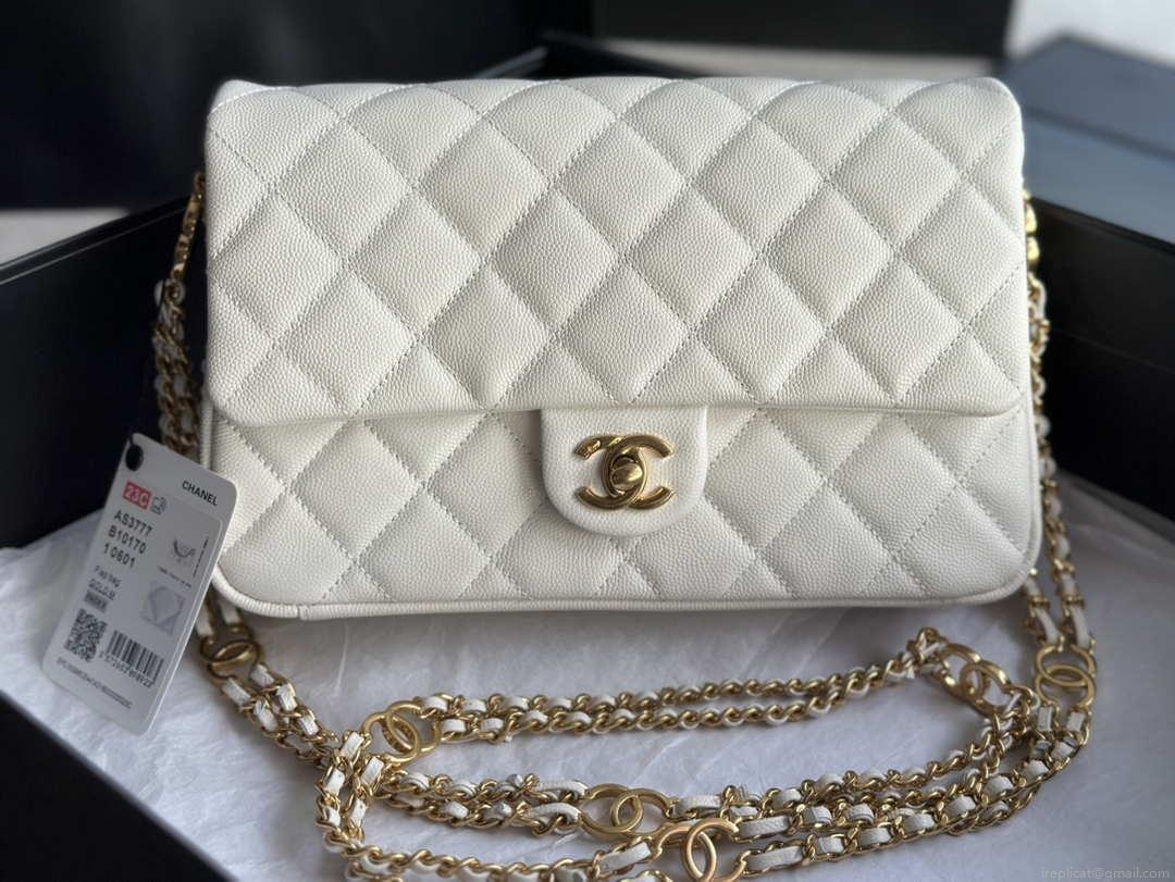 Chanel AS3777 Flap Bag Grained Calfskin & Gold-Tone Metal White