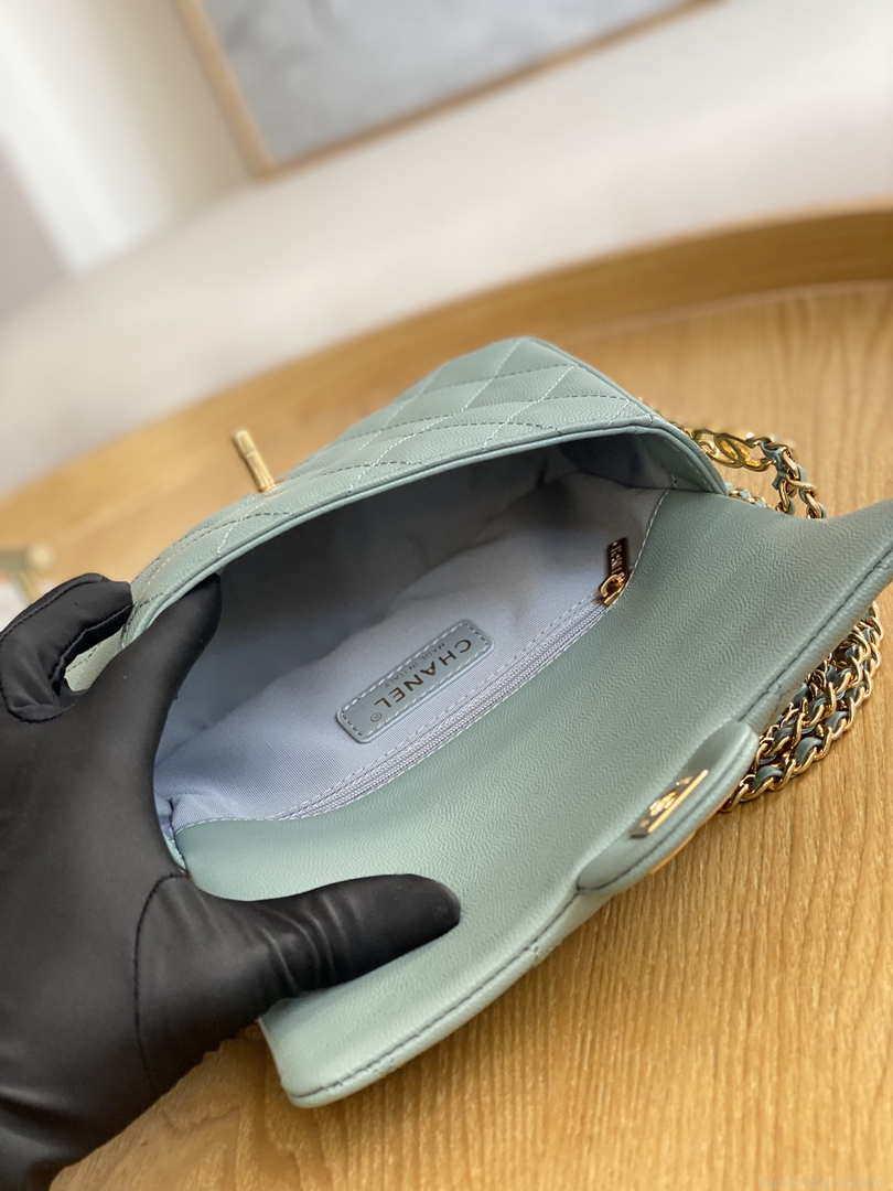 Chanel AS3757 Mini Flap Bag Grained Calfskin & Gold-Tone Metal Light Green