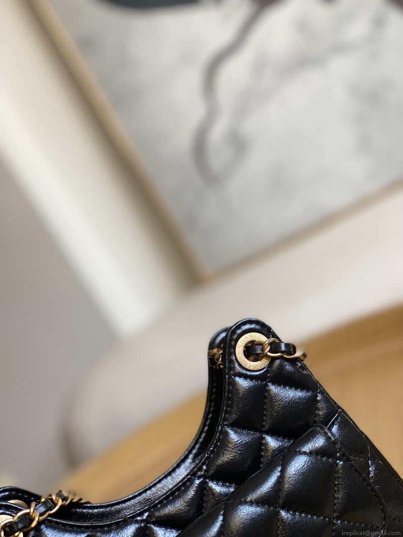 Chanel AS3710 Small Hobo Handbag Shiny Crumpled Calfskin & Gold-Tone Metal Black