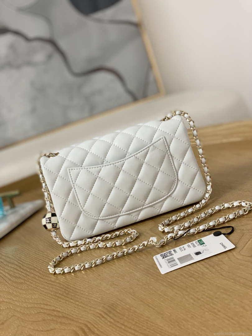 Chanel A01113 Flap Handbag Classic Bag White Lambskin Gold With Ball