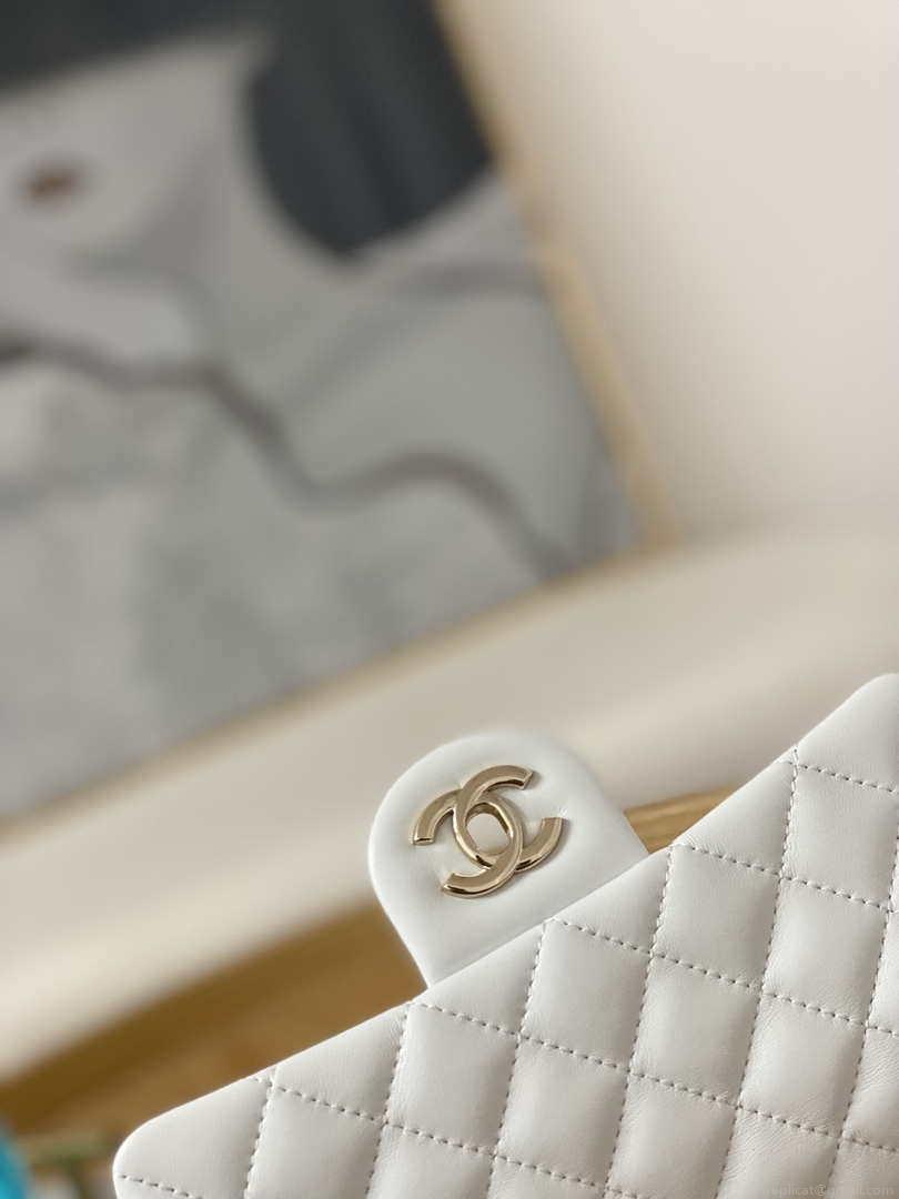 Chanel A01113 Flap Handbag Classic Bag White Lambskin Gold With Ball