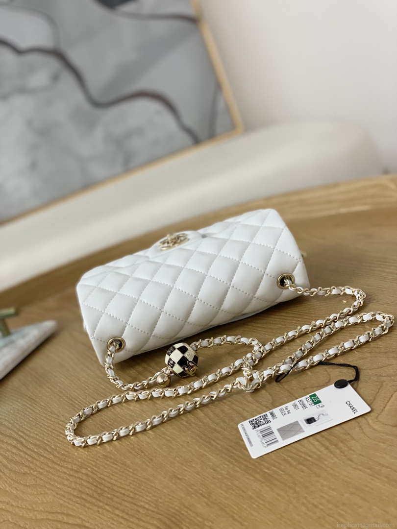Chanel A01113 Flap Handbag Classic Bag White Lambskin Gold With Ball