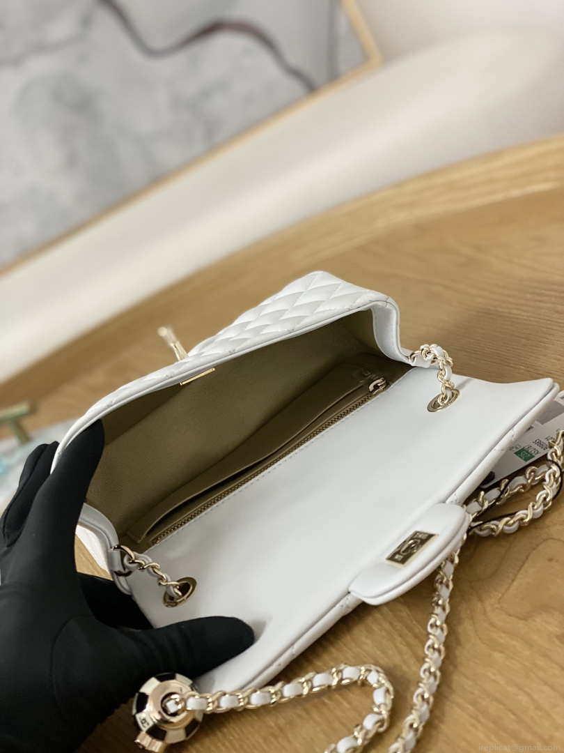 Chanel A01113 Flap Handbag Classic Bag White Lambskin Gold With Ball