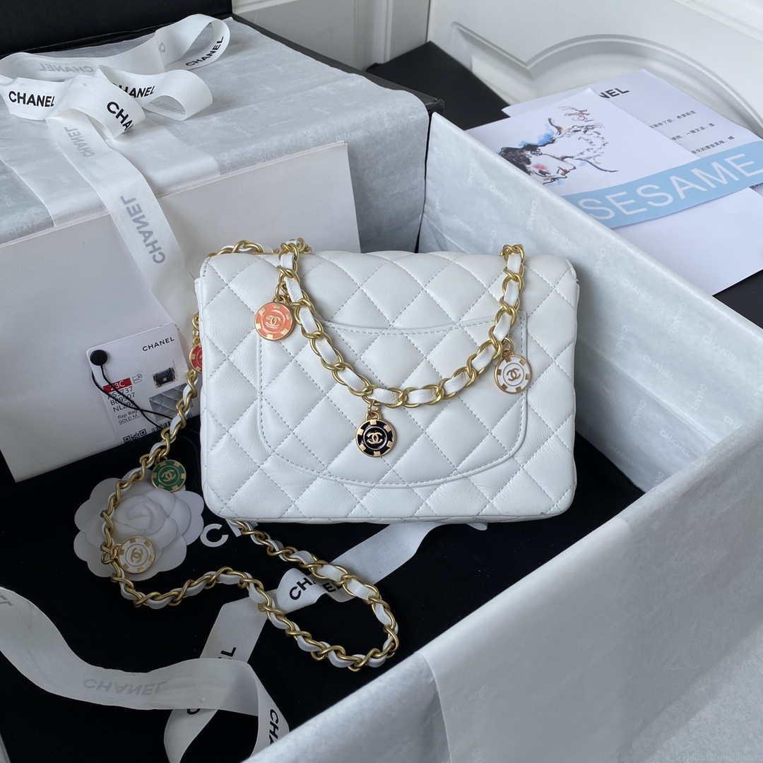 Chanel AS3737 Mini Flap Bag Lambskin Enamel & Gold-Tone Metal White