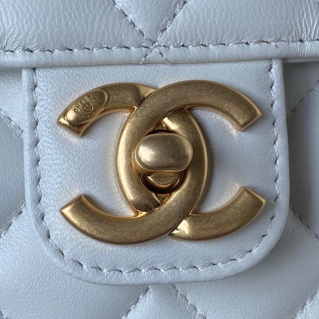 Chanel AS3737 Mini Flap Bag Lambskin Enamel & Gold-Tone Metal White
