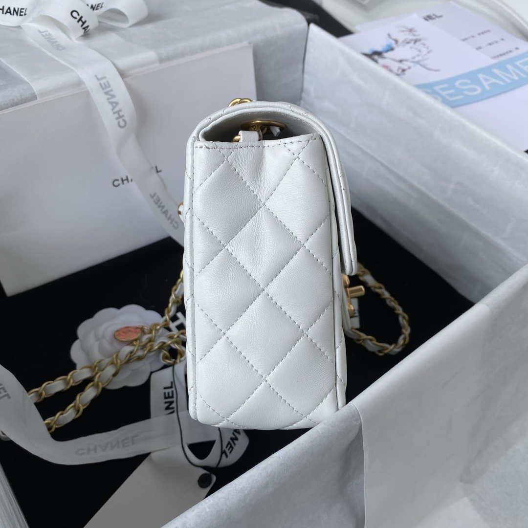 Chanel AS3737 Mini Flap Bag Lambskin Enamel & Gold-Tone Metal White