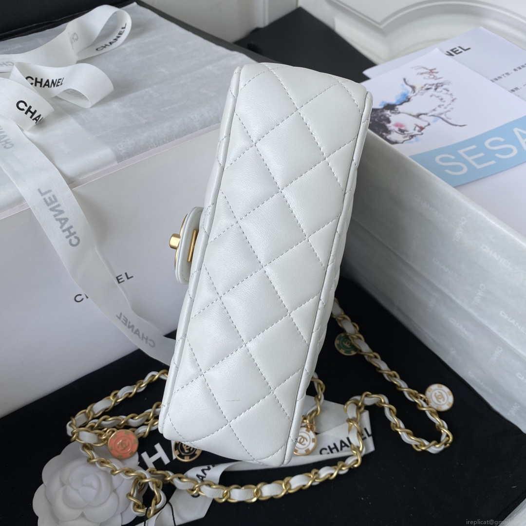 Chanel AS3737 Mini Flap Bag Lambskin Enamel & Gold-Tone Metal White