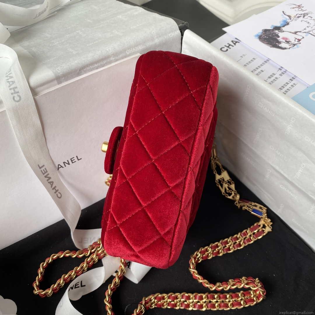 Chanel AS3442 Mini Flap Bag Velvet Enamel & Gold-Tone Metal Wine Red