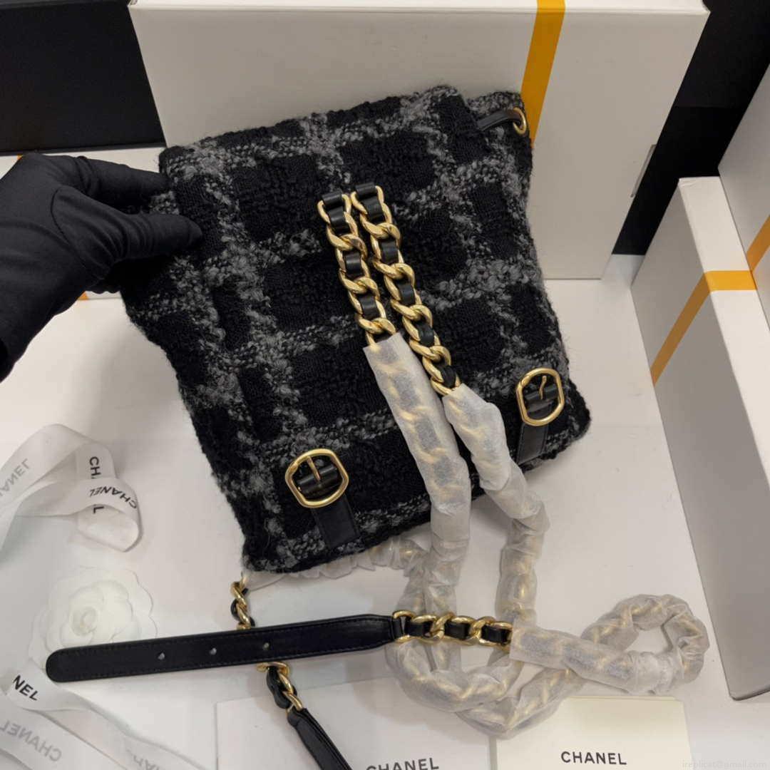 Chanel AS3615 Backpack Wool Tweed & Gold-Tone Metal Black & Gray