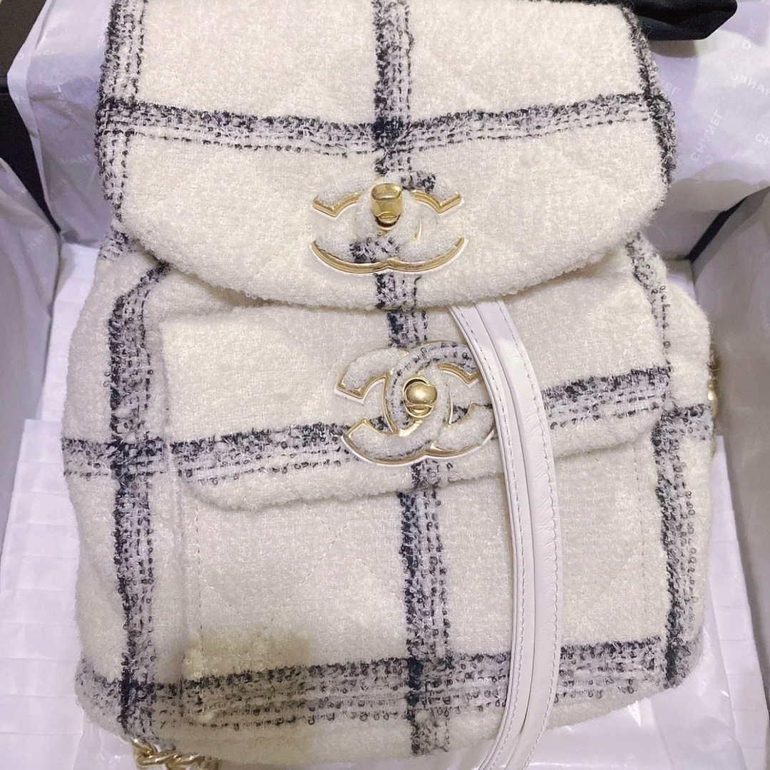 Chanel AS3615 Backpack Wool Tweed & Gold-Tone Metal Beige & Black