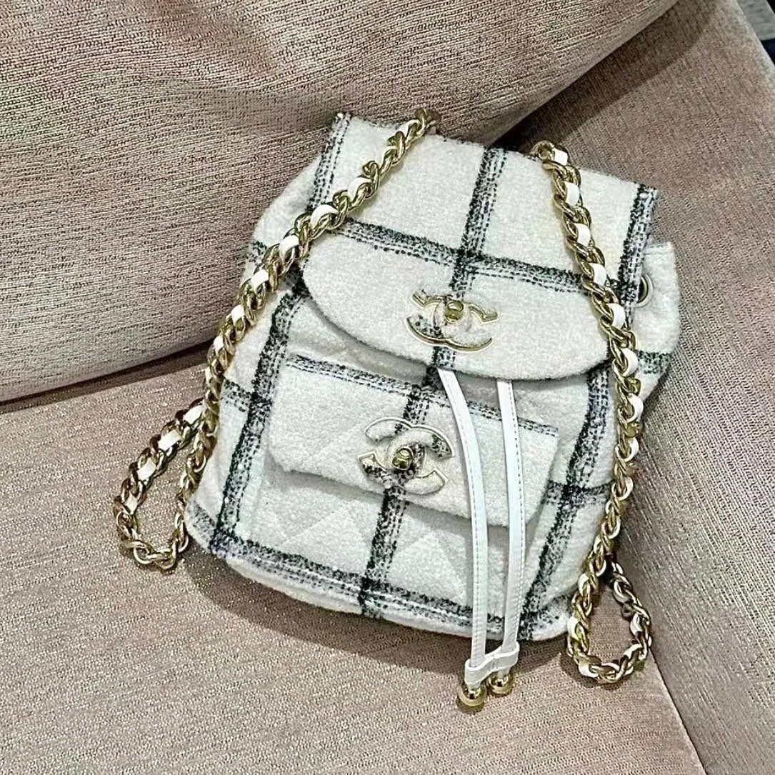 Chanel AS3615 Backpack Wool Tweed & Gold-Tone Metal Beige & Black
