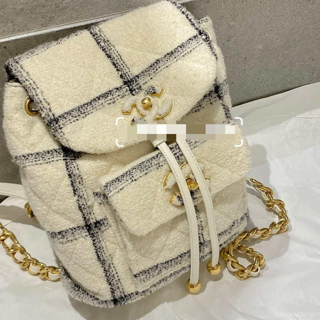 Chanel AS3615 Backpack Wool Tweed & Gold-Tone Metal Beige & Black