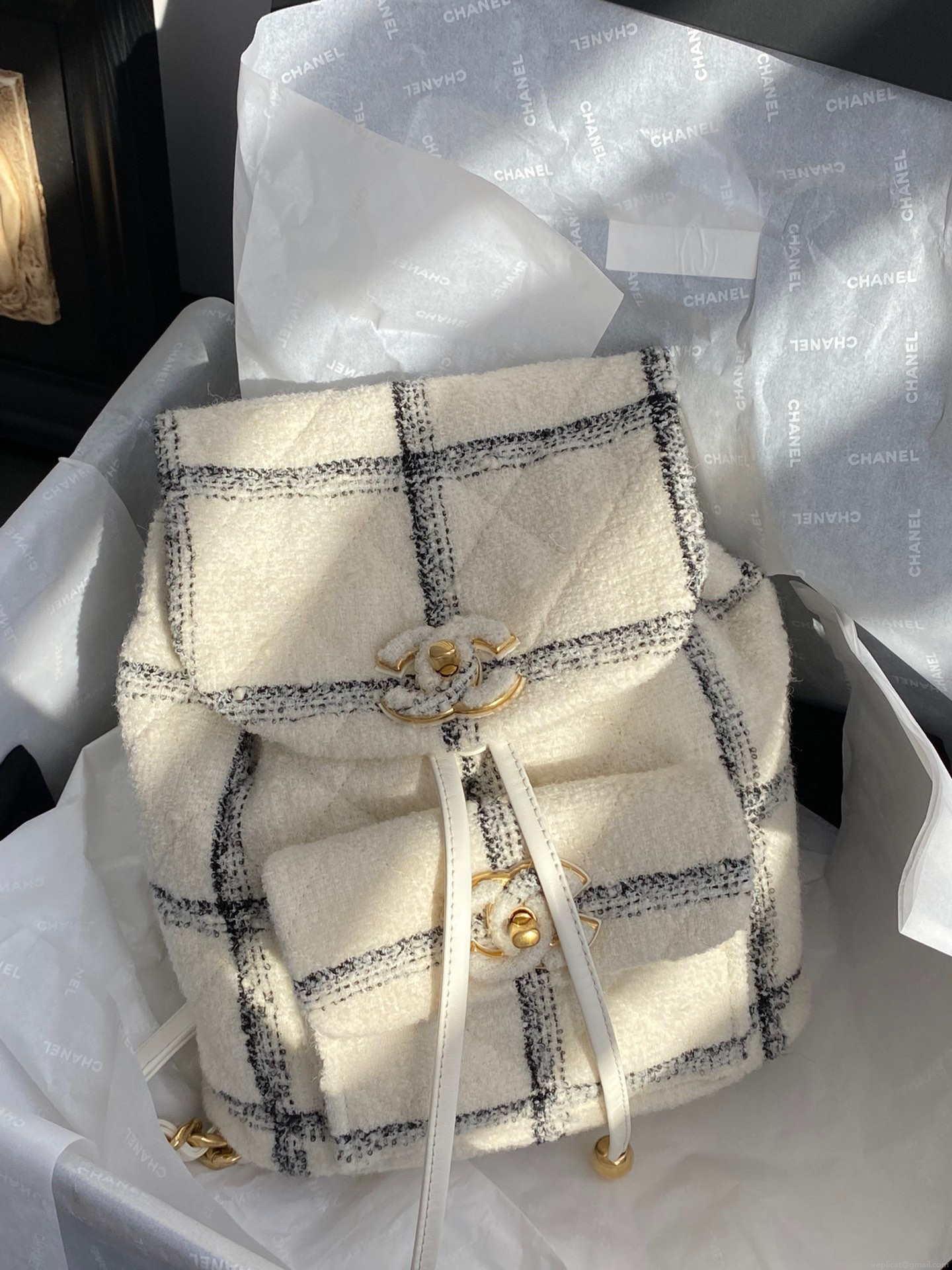 Chanel AS3615 Backpack Wool Tweed & Gold-Tone Metal Beige & Black