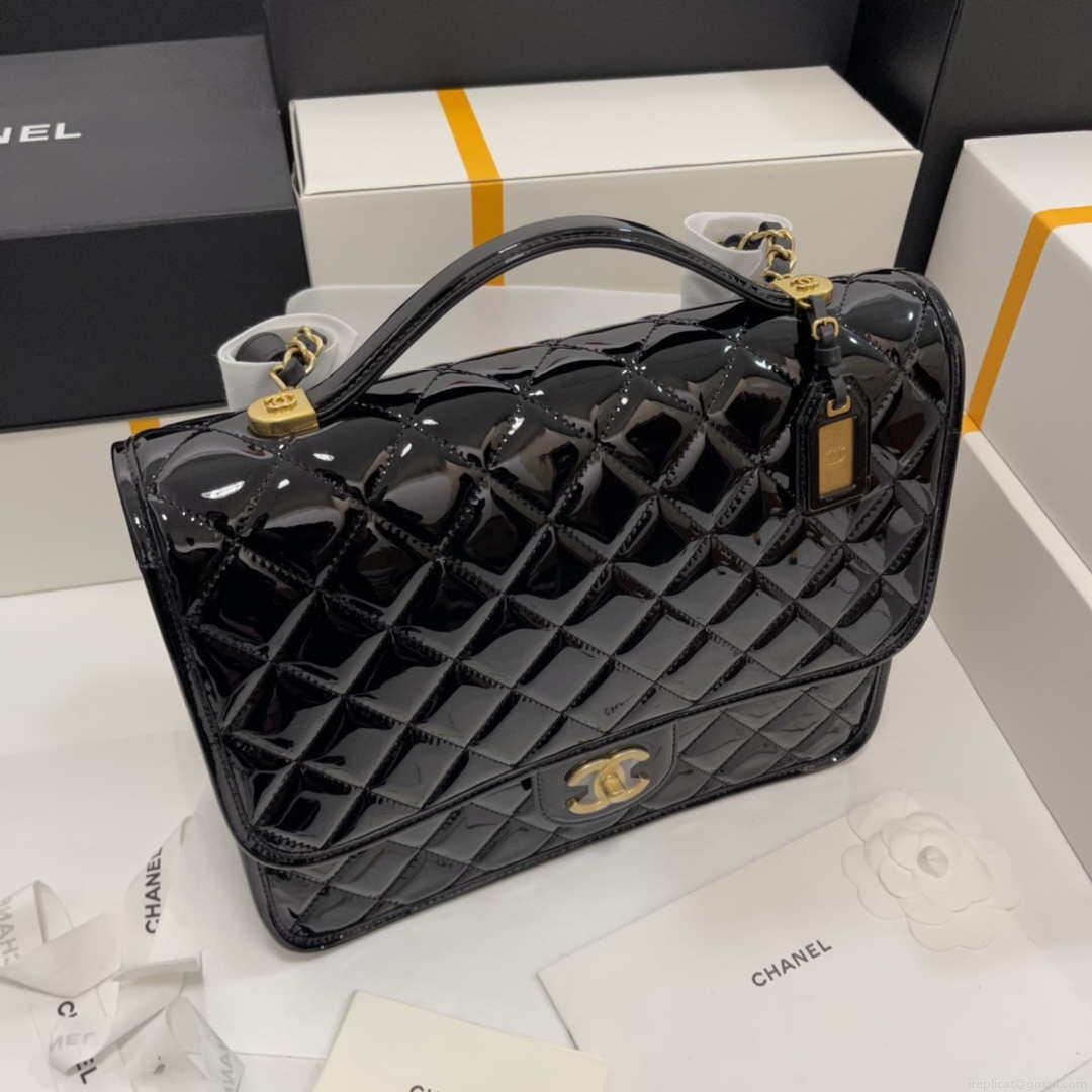 Chanel AS3662 LARGE BACKPACK Patent Calfskin & Gold-Tone Metal Black