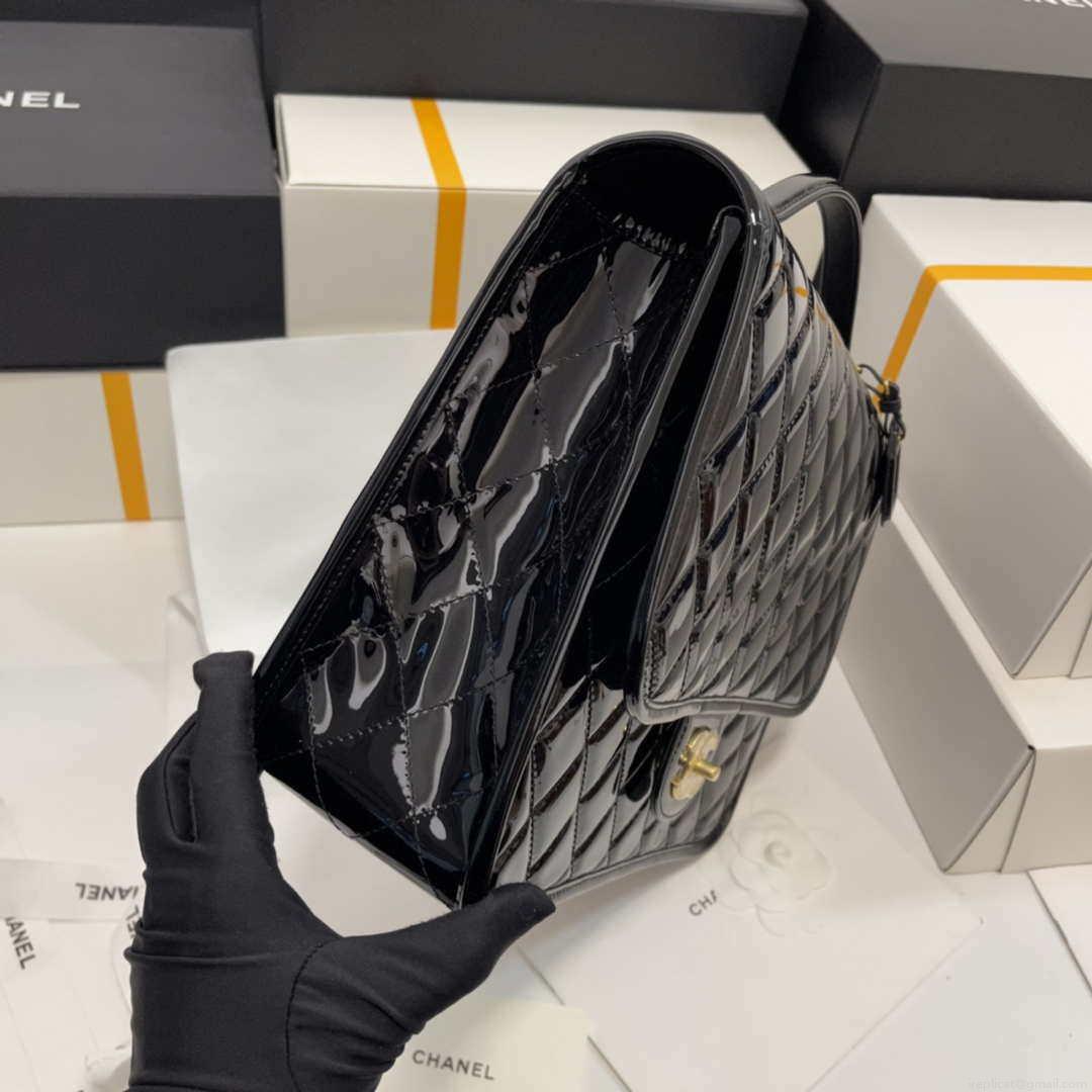 Chanel AS3662 LARGE BACKPACK Patent Calfskin & Gold-Tone Metal Black